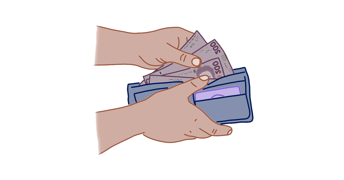 Руки кладуть гроші у гаманець