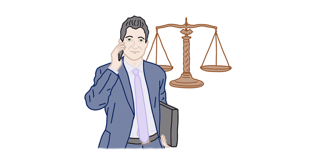 Людина в кастюмі, позаду якої терези