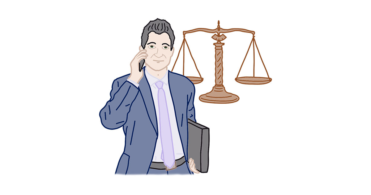 Людина в кастюмі, позаду якої терези