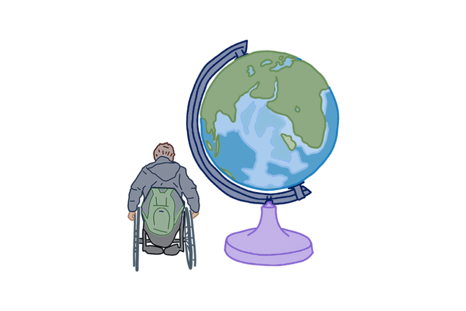 Людина на кріслі колісному дивиться на глобус
