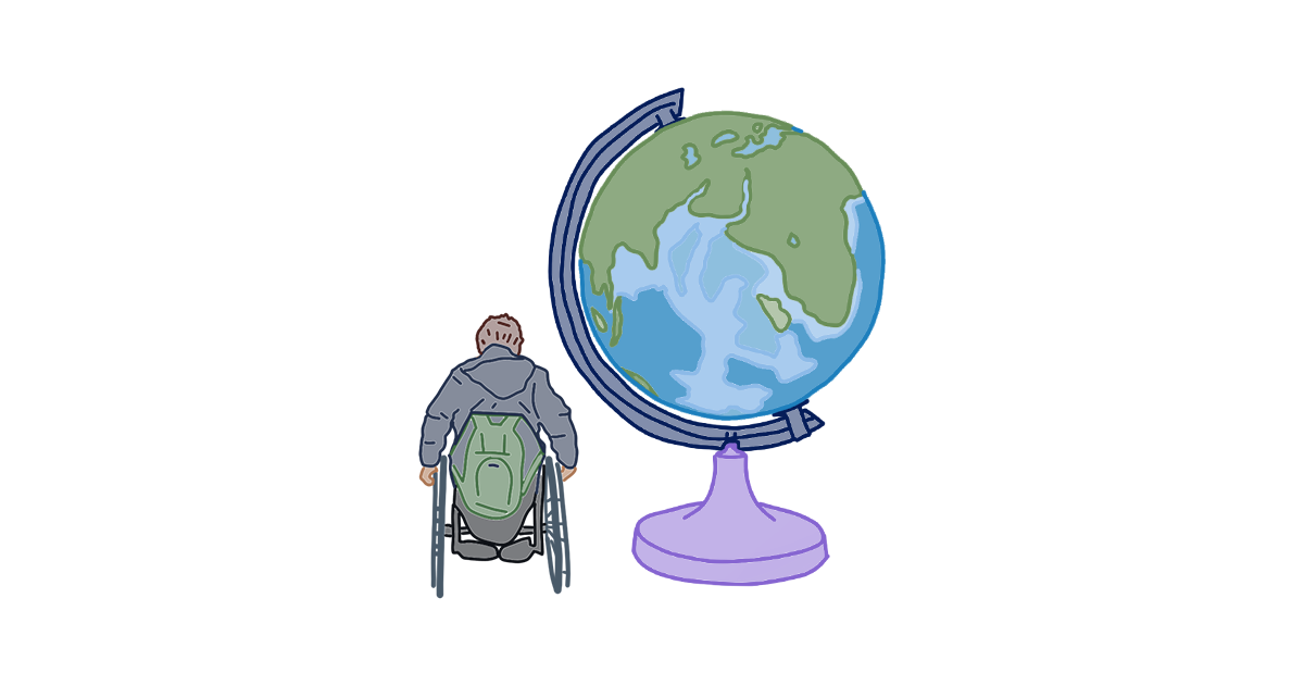 Людина на кріслі колісному дивиться на глобус