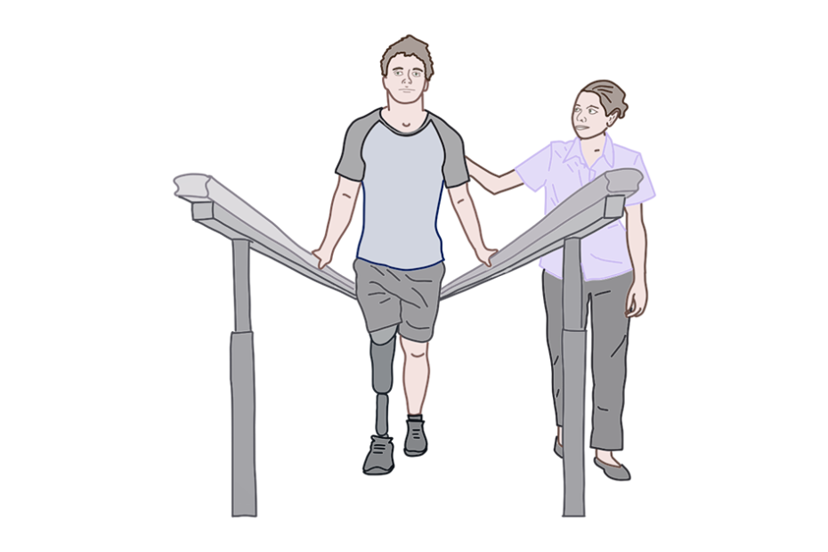 Доктор допомагає людині робити вправи на тренажері