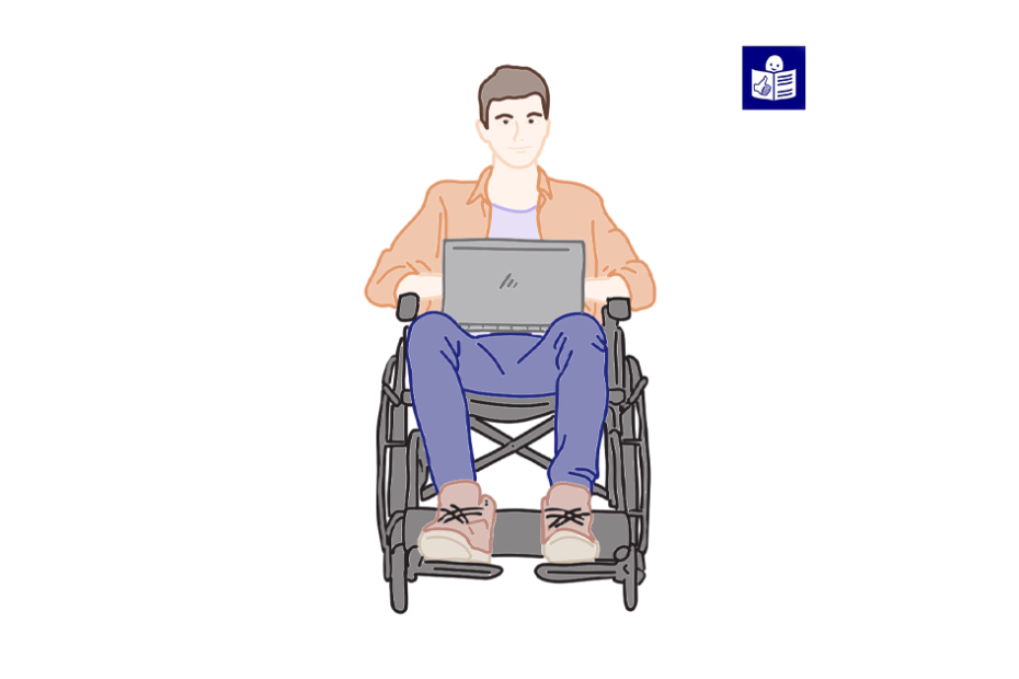Людина на кріслі колісному з ноутбуком, у правому верхньому куті знак легкого читання