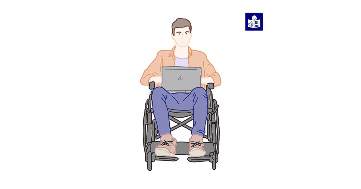 Людина на кріслі колісному з ноутбуком, у правому верхньому куті знак легкого читання