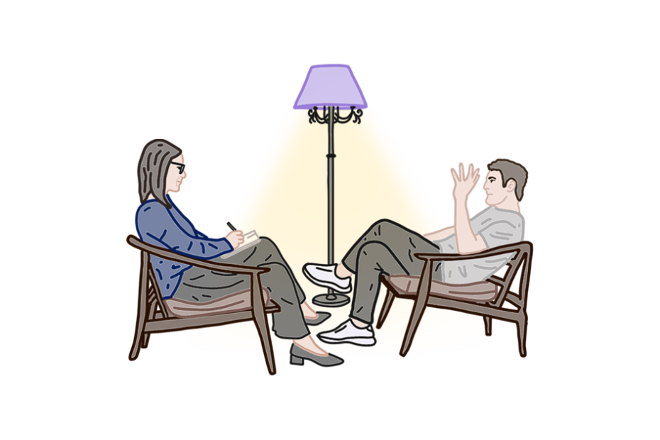 Дві людини сидять у кріслах, між ними торшер