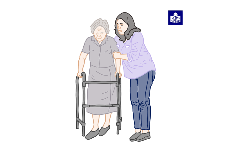 Одна людина допомагає іншій йти сходами, угорі праворуч знак легкого читання