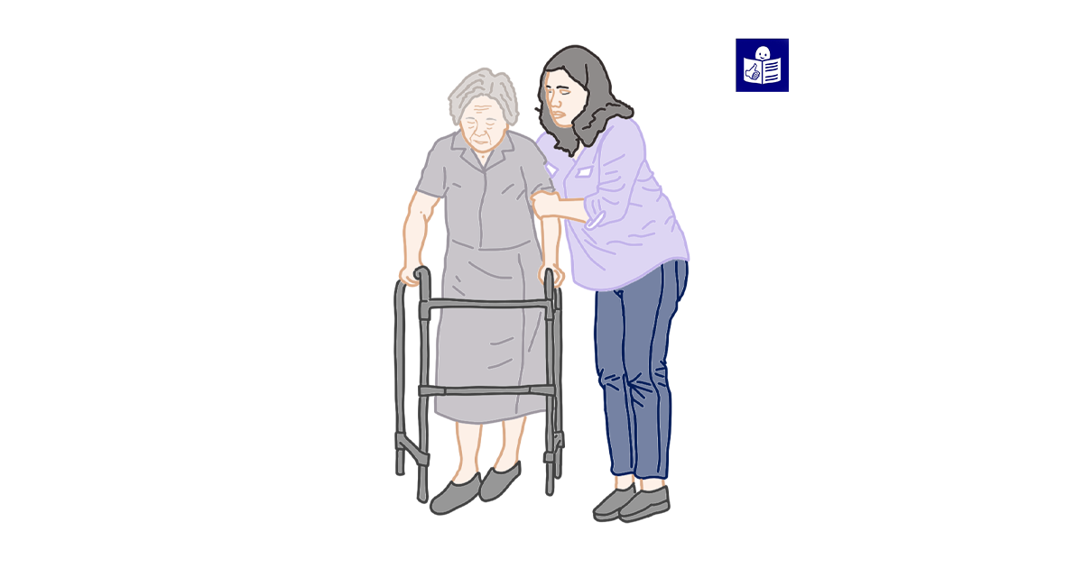 Одна людина допомагає іншій йти сходами, угорі праворуч знак легкого читання