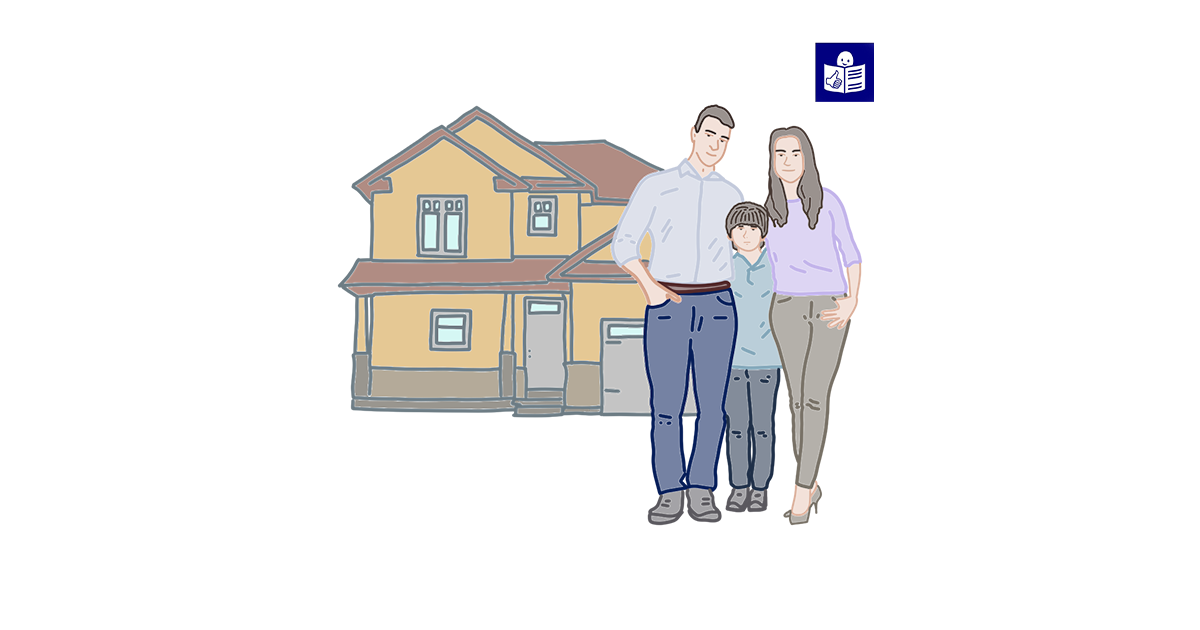 Чоловік, жінка і дитина стоять перед будинком, у правому верхньому куті знак легкого читання