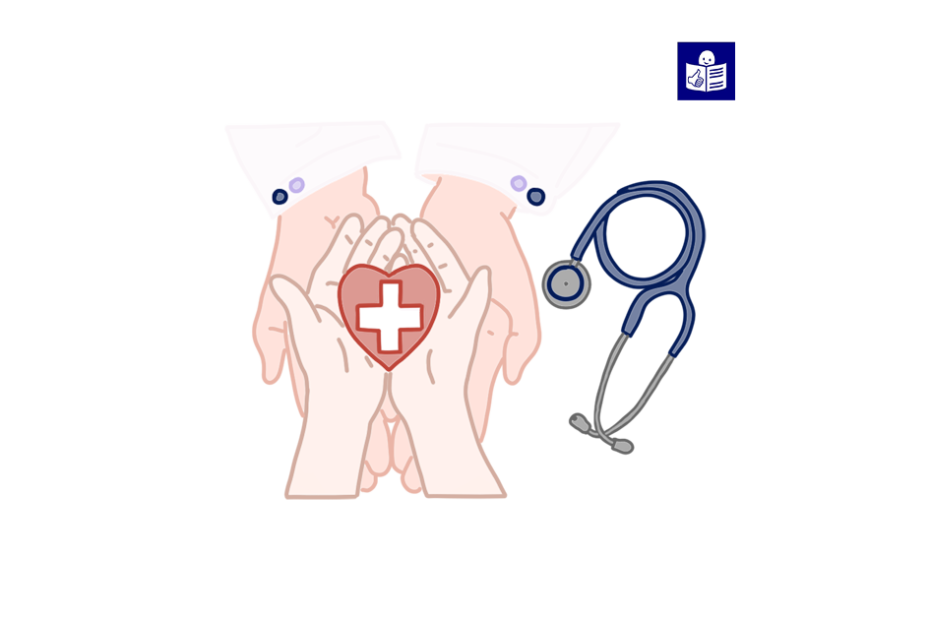 Дві пари рук і серце з медичним знаком, праворуч знак легкого читання
