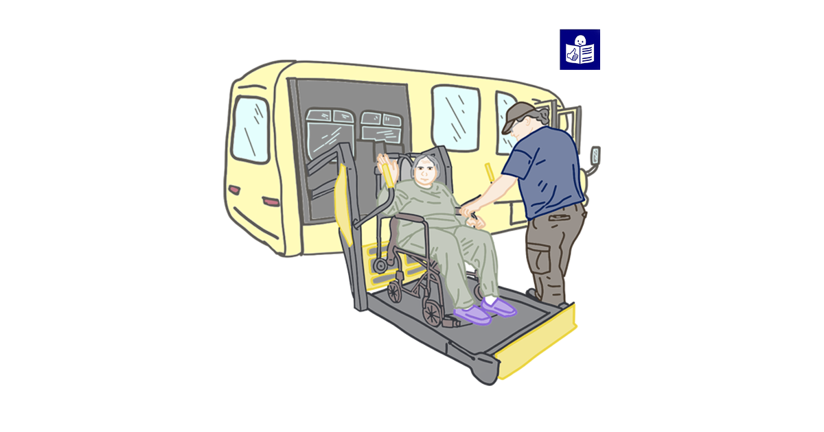 Людина на кріслі колісному у соціальному транспорті, праворуч знак легкого читання