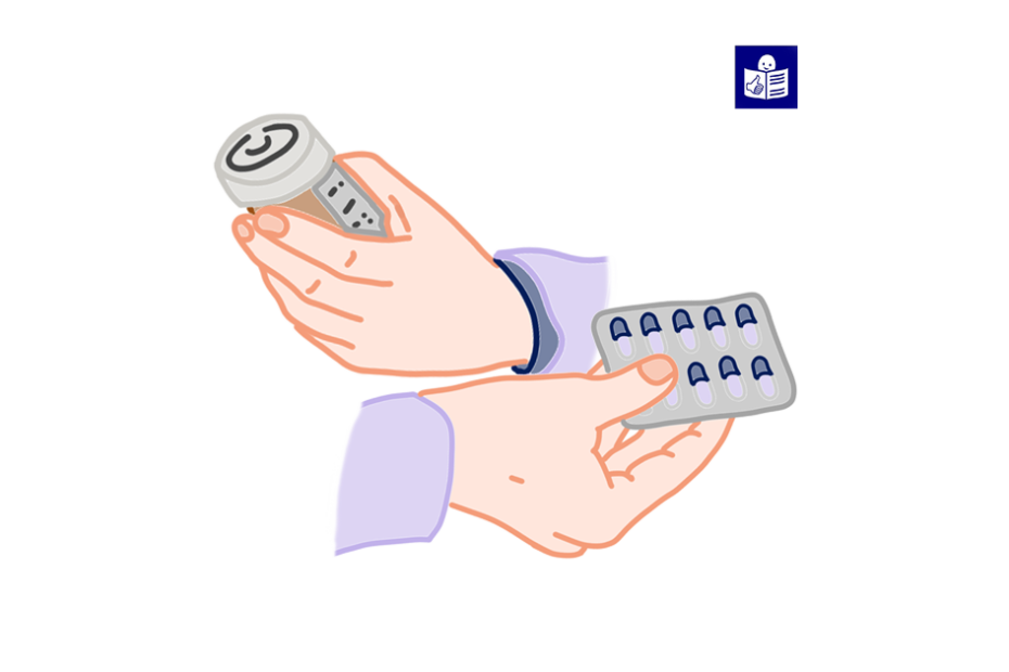 Руки, що тримають ліки. Праворуч знак легкого читання