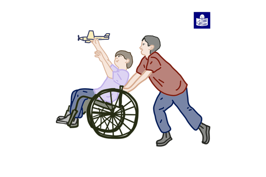 Одна людина допомагає іншій, що на кріслі колісному, праворуч знак легкого читання