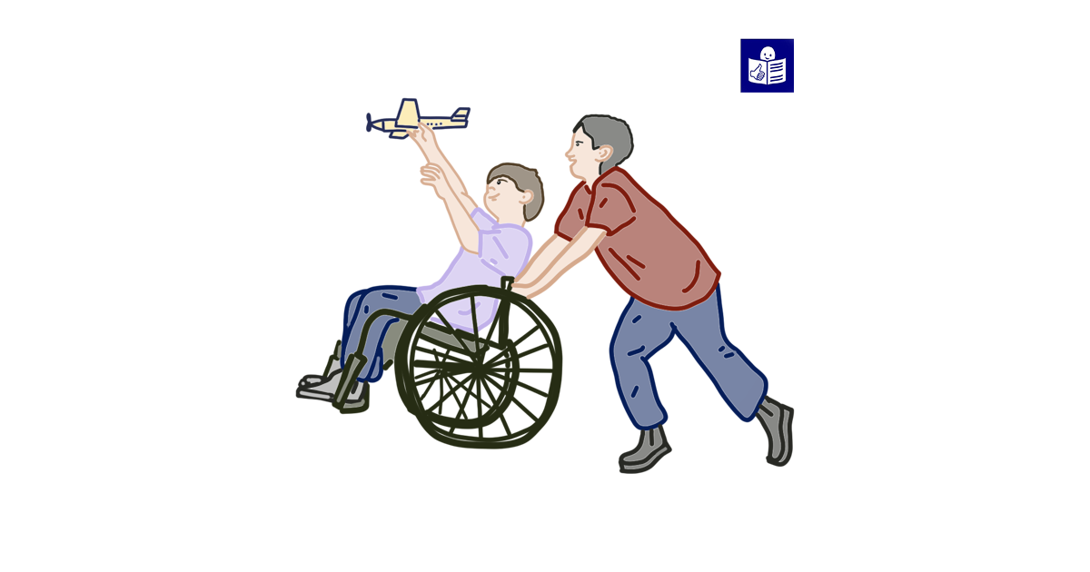 Одна людина допомагає іншій, що на кріслі колісному, праворуч знак легкого читання