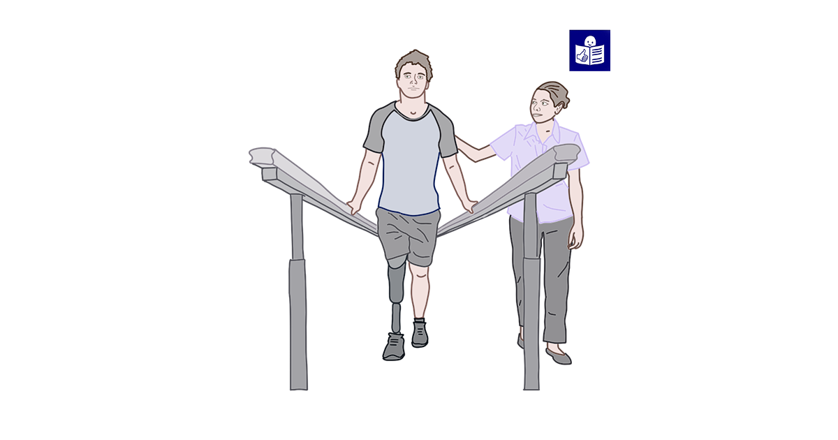 Одна людина допомагає іншій пересуватися, у правому верхньому кути знак легкого читання
